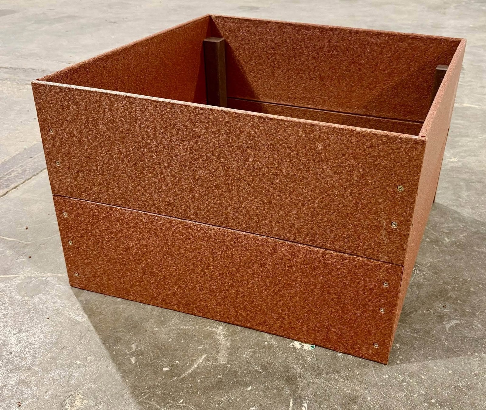 Square Dekmar recycled HDPE planter in Corten-style brown